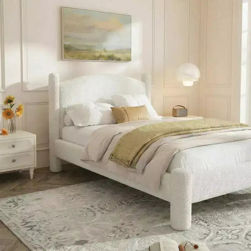Cadre de lit King Size, Cadre de lit en tissu bouclette avec tête de lit, Cadre de lit plateforme rembourré doux avec coins arrondis, Aucun sommier tapissier requis, Montage facile