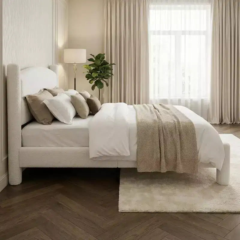 Cadre de lit King Size, Cadre de lit en tissu bouclette avec tête de lit, Cadre de lit plateforme rembourré doux avec coins arrondis, Aucun sommier tapissier requis, Montage facile