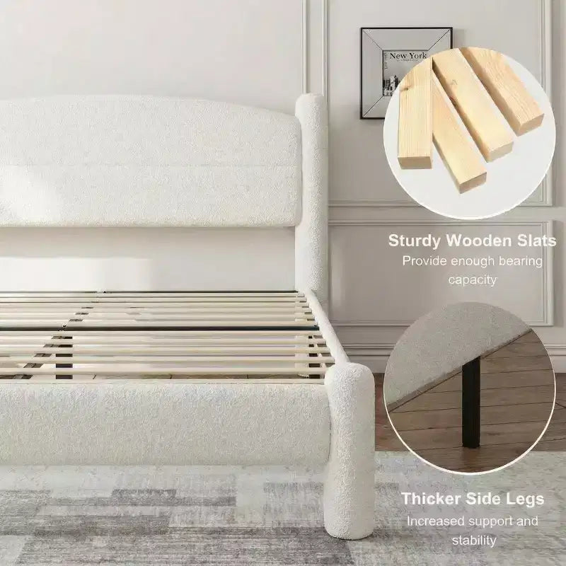 Cadre de lit King Size, Cadre de lit en tissu bouclette avec tête de lit, Cadre de lit plateforme rembourré doux avec coins arrondis, Aucun sommier tapissier requis, Montage facile
