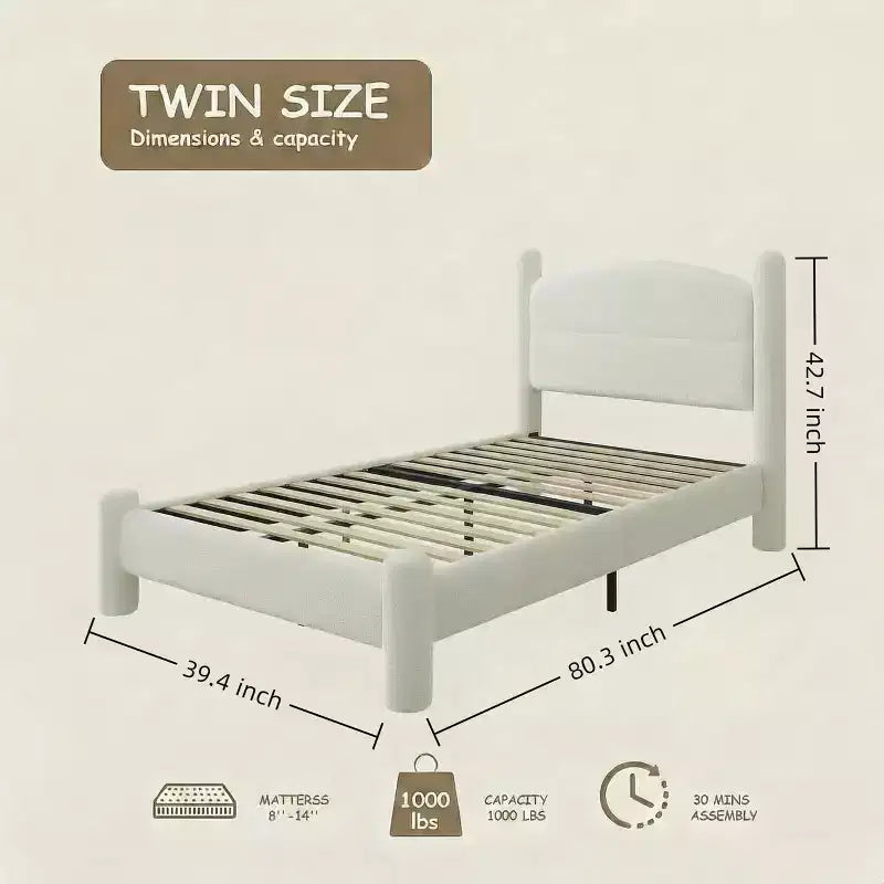 Cadre de lit King Size, Cadre de lit en tissu bouclette avec tête de lit, Cadre de lit plateforme rembourré doux avec coins arrondis, Aucun sommier tapissier requis, Montage facile