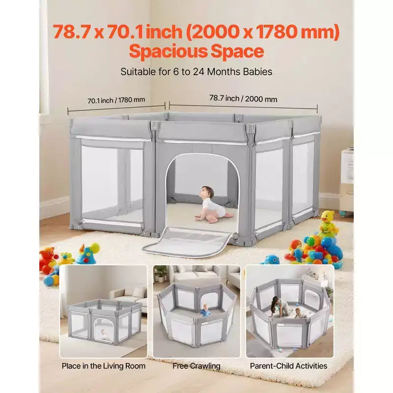 Parc pour bébé, 78,7 x 70,1 pouces, très grand parc pliable pour tout-petits, avec porte zippée et maille douce et respirante, Gris