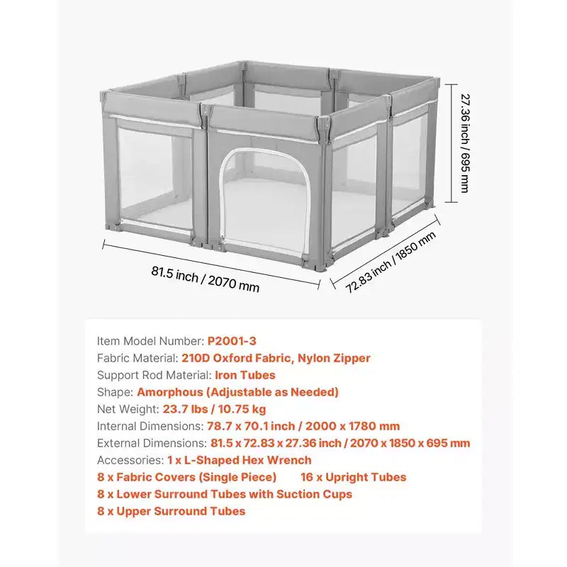 Parc pour bébé, 78,7 x 70,1 pouces, très grand parc pliable pour tout-petits, avec porte zippée et maille douce et respirante, Gris