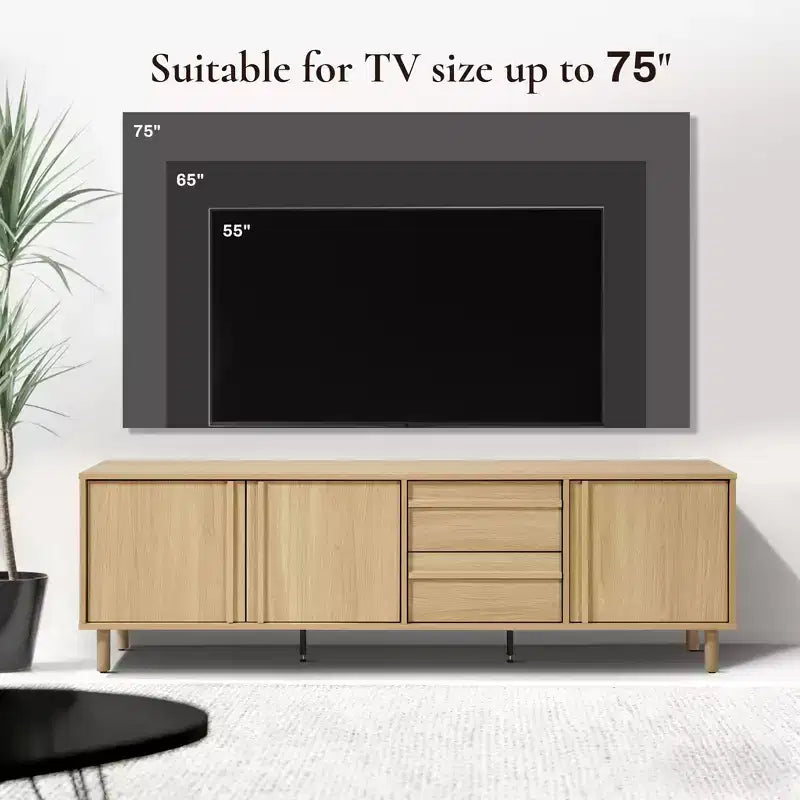 Meuble TV moderne pour téléviseurs jusqu'à 75 pouces, console média avec tiroirs, chêne brun