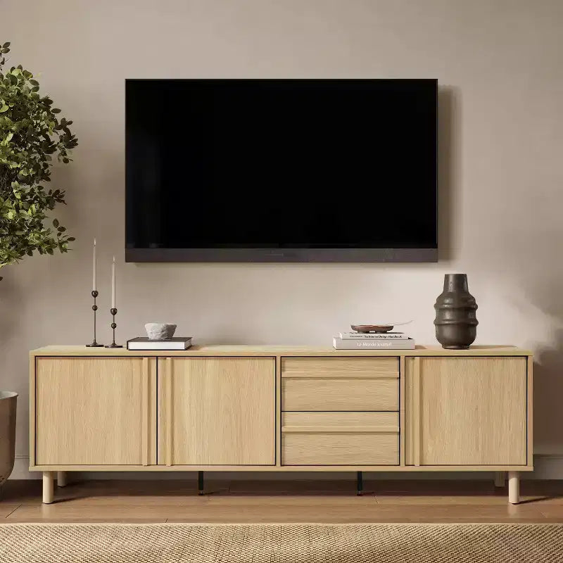 Meuble TV moderne pour téléviseurs jusqu'à 75 pouces, console média avec tiroirs, chêne brun