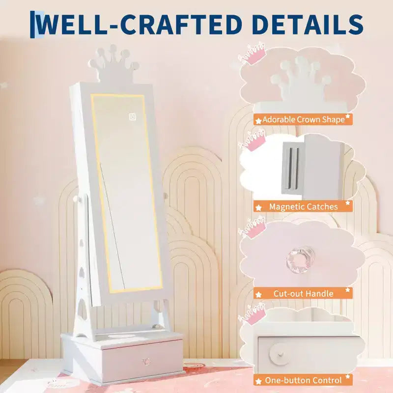 Armoire à bijoux pour enfants, Organisateur de bijoux sur pied avec miroir pleine longueur, 3 tiroirs de rangement, Coiffeuse de jeu pour enfants avec miroir et armoire à bijoux