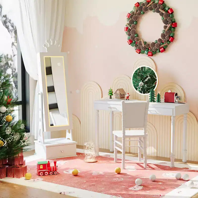 Armoire à bijoux pour enfants, Organisateur de bijoux sur pied avec miroir pleine longueur, 3 tiroirs de rangement, Coiffeuse de jeu pour enfants avec miroir et armoire à bijoux