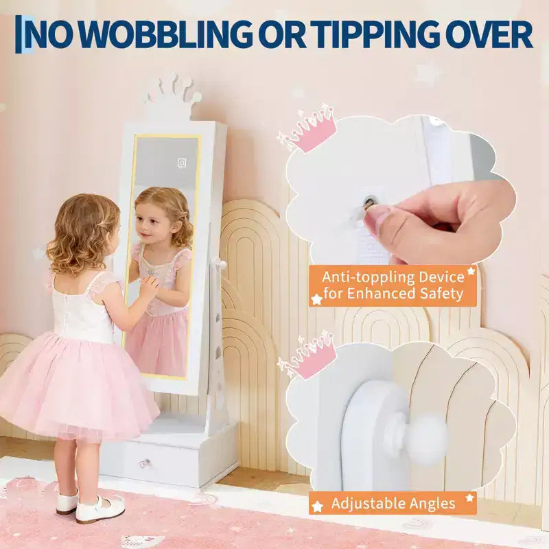 Armoire à bijoux pour enfants, Organisateur de bijoux sur pied avec miroir pleine longueur, 3 tiroirs de rangement, Coiffeuse de jeu pour enfants avec miroir et armoire à bijoux