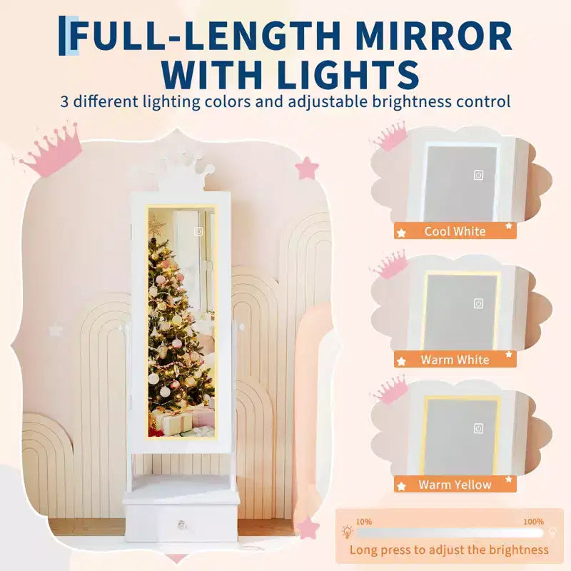 Armoire à bijoux pour enfants, Organisateur de bijoux sur pied avec miroir pleine longueur, 3 tiroirs de rangement, Coiffeuse de jeu pour enfants avec miroir et armoire à bijoux