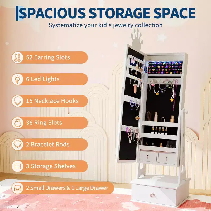Armoire à bijoux pour enfants, Organisateur de bijoux sur pied avec miroir pleine longueur, 3 tiroirs de rangement, Coiffeuse de jeu pour enfants avec miroir et armoire à bijoux