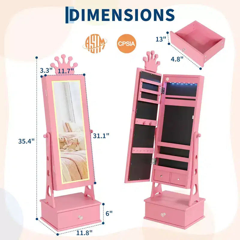 Armoire à bijoux pour enfants, Organisateur de bijoux sur pied avec miroir pleine longueur, 3 tiroirs de rangement, Coiffeuse de jeu pour enfants avec miroir et armoire à bijoux