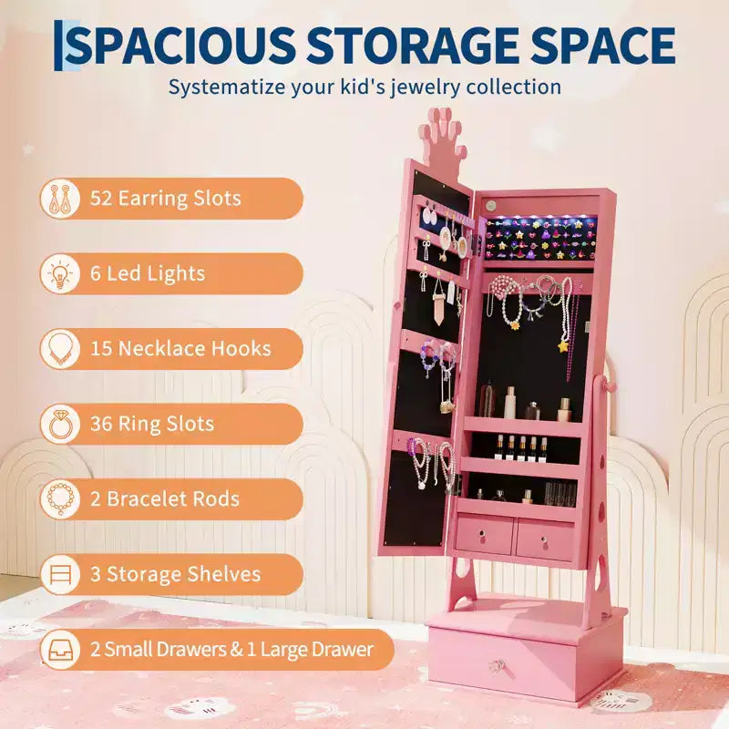 Armoire à bijoux pour enfants, Organisateur de bijoux sur pied avec miroir pleine longueur, 3 tiroirs de rangement, Coiffeuse de jeu pour enfants avec miroir et armoire à bijoux