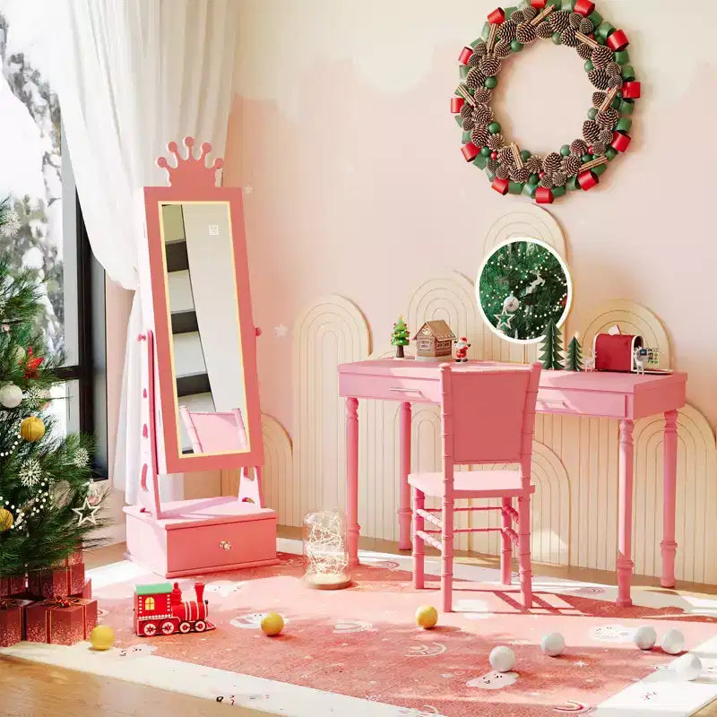 Armoire à bijoux pour enfants, Organisateur de bijoux sur pied avec miroir pleine longueur, 3 tiroirs de rangement, Coiffeuse de jeu pour enfants avec miroir et armoire à bijoux