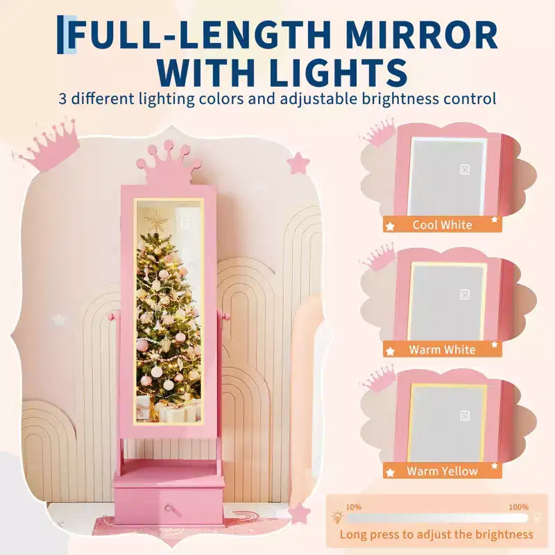 Armoire à bijoux pour enfants, Organisateur de bijoux sur pied avec miroir pleine longueur, 3 tiroirs de rangement, Coiffeuse de jeu pour enfants avec miroir et armoire à bijoux