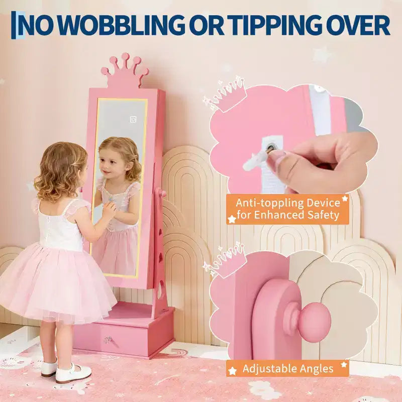 Armoire à bijoux pour enfants, Organisateur de bijoux sur pied avec miroir pleine longueur, 3 tiroirs de rangement, Coiffeuse de jeu pour enfants avec miroir et armoire à bijoux