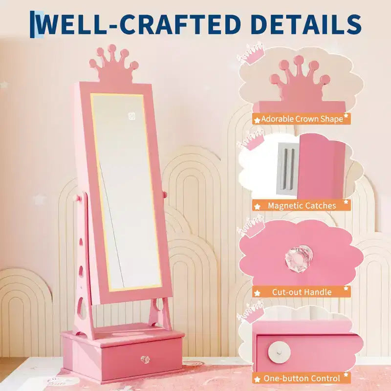 Armoire à bijoux pour enfants, Organisateur de bijoux sur pied avec miroir pleine longueur, 3 tiroirs de rangement, Coiffeuse de jeu pour enfants avec miroir et armoire à bijoux