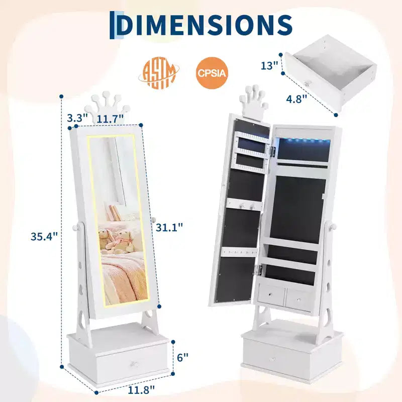 Armoire à bijoux pour enfants, Organisateur de bijoux sur pied avec miroir pleine longueur, 3 tiroirs de rangement, Coiffeuse de jeu pour enfants avec miroir et armoire à bijoux