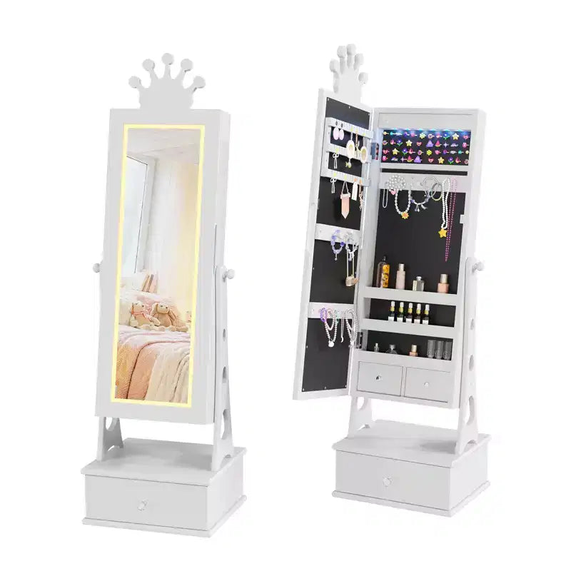 Armoire à bijoux pour enfants, Organisateur de bijoux sur pied avec miroir pleine longueur, 3 tiroirs de rangement, Coiffeuse de jeu pour enfants avec miroir et armoire à bijoux