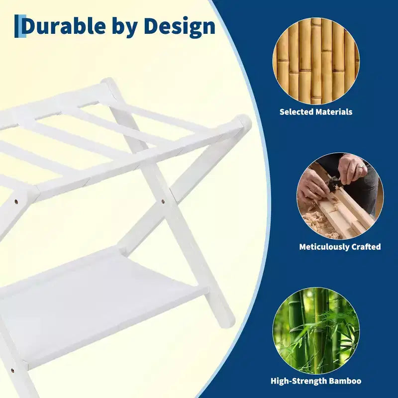 Porte-bagages pliant en bambou avec étagère à 2 niveaux, support pour valises, supporte 50 kg, organisateur de voyage peu encombrant