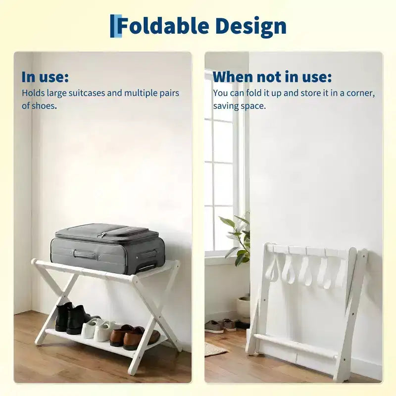 Porte-bagages pliant en bambou avec étagère à 2 niveaux, support pour valises, supporte 50 kg, organisateur de voyage peu encombrant