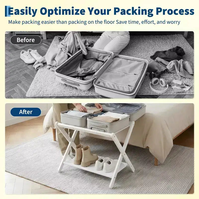 Porte-bagages pliant en bambou avec étagère à 2 niveaux, support pour valises, supporte 50 kg, organisateur de voyage peu encombrant