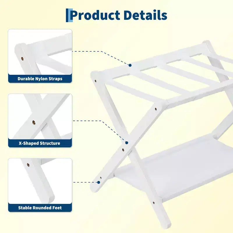 Porte-bagages pliant en bambou avec étagère à 2 niveaux, support pour valises, supporte 50 kg, organisateur de voyage peu encombrant
