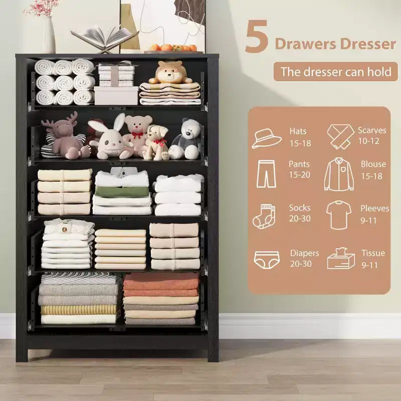 Commode de rangement à 5 tiroirs en bois pour chambre à coucher, commode moderne et simple avec tiroirs profonds pour salon, couloir, entrée