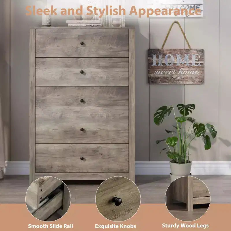 Commode de rangement à 5 tiroirs en bois pour chambre à coucher, commode moderne et simple avec tiroirs profonds pour salon, couloir, entrée