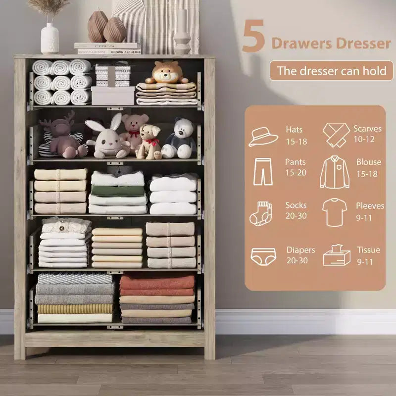 Commode de rangement à 5 tiroirs en bois pour chambre à coucher, commode moderne et simple avec tiroirs profonds pour salon, couloir, entrée
