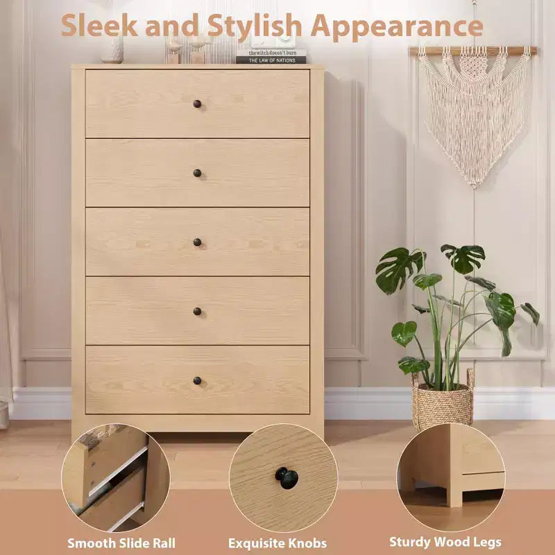 Commode de rangement à 5 tiroirs en bois pour chambre à coucher, commode moderne et simple avec tiroirs profonds pour salon, couloir, entrée