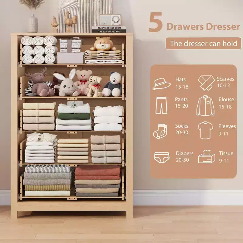 Commode de rangement à 5 tiroirs en bois pour chambre à coucher, commode moderne et simple avec tiroirs profonds pour salon, couloir, entrée