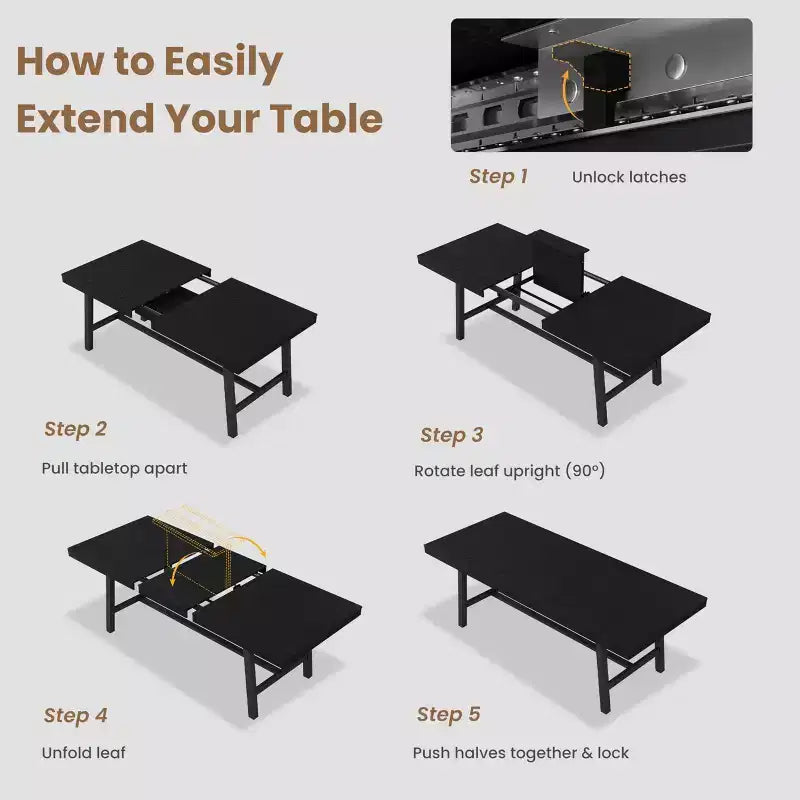 Table de salle à manger extensible 63-83, table de salle à manger rectangulaire industrielle pour 6-8 personnes, table de cuisine extensible avec cadre en métal robuste