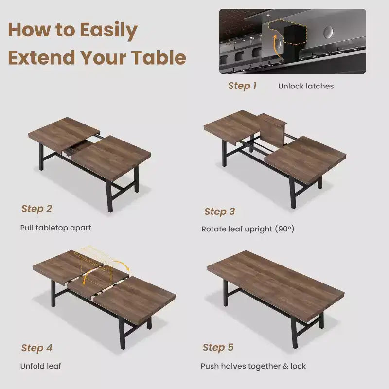 Table de salle à manger extensible 63-83, table de salle à manger rectangulaire industrielle pour 6-8 personnes, table de cuisine extensible avec cadre en métal robuste