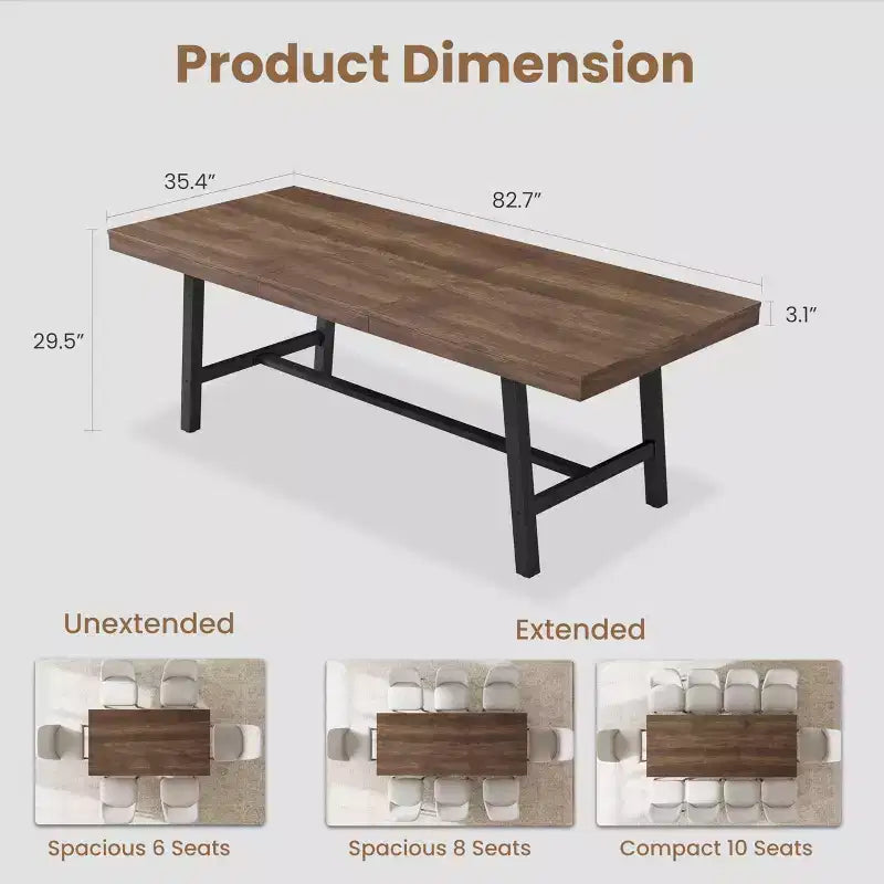 Table de salle à manger extensible 63-83, table de salle à manger rectangulaire industrielle pour 6-8 personnes, table de cuisine extensible avec cadre en métal robuste