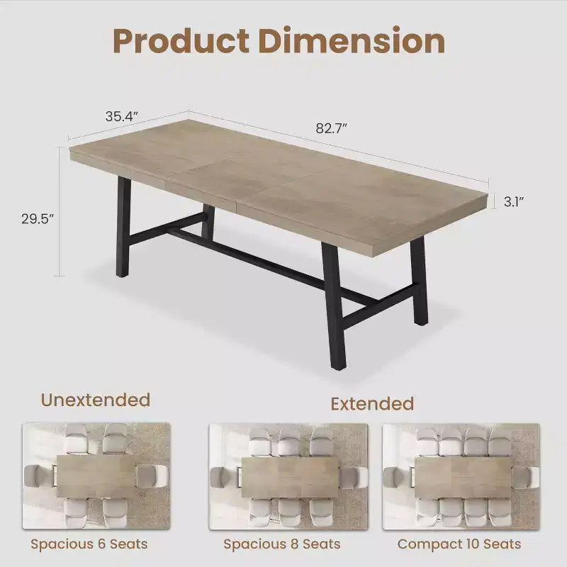 Table de salle à manger extensible 63-83, table de salle à manger rectangulaire industrielle pour 6-8 personnes, table de cuisine extensible avec cadre en métal robuste