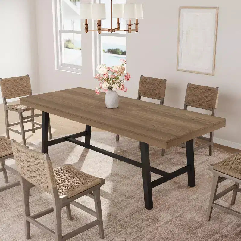 Table de salle à manger extensible 63-83, table de salle à manger rectangulaire industrielle pour 6-8 personnes, table de cuisine extensible avec cadre en métal robuste