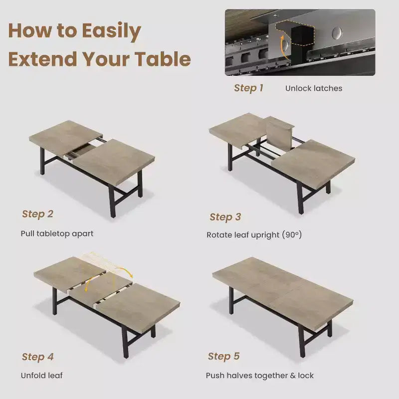 Table de salle à manger extensible 63-83, table de salle à manger rectangulaire industrielle pour 6-8 personnes, table de cuisine extensible avec cadre en métal robuste