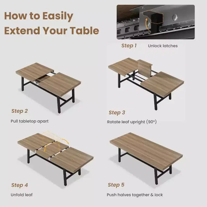 Table de salle à manger extensible 63-83, table de salle à manger rectangulaire industrielle pour 6-8 personnes, table de cuisine extensible avec cadre en métal robuste
