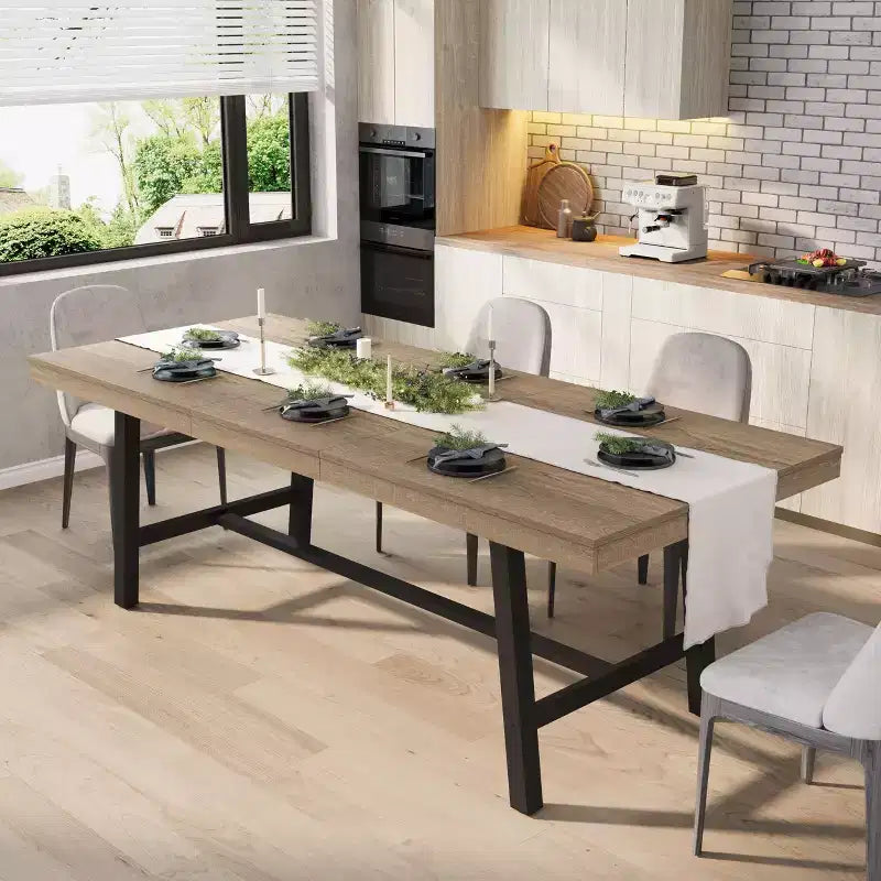 63-83 Extendable Dining Table, Industrial Rectangular Dining Room Table for 6-8 People, Expandable Kitchen Table with Heavy Duty Metal Frame