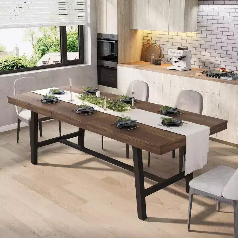 Table de salle à manger extensible 63-83, table de salle à manger rectangulaire industrielle pour 6-8 personnes, table de cuisine extensible avec cadre en métal robuste