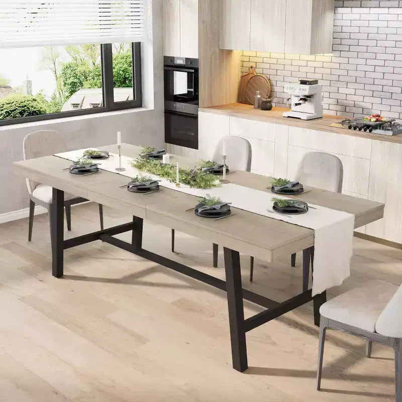 Table de salle à manger extensible 63-83, table de salle à manger rectangulaire industrielle pour 6-8 personnes, table de cuisine extensible avec cadre en métal robuste