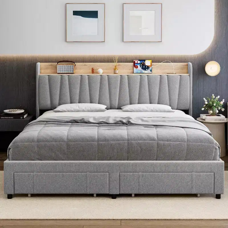 Cadre de lit rembourré King Size, Lit plateforme avec tête de lit de rangement, Tiroirs de rangement, Robuste, Pas besoin de sommier tapissier, Facile à monter, Gris