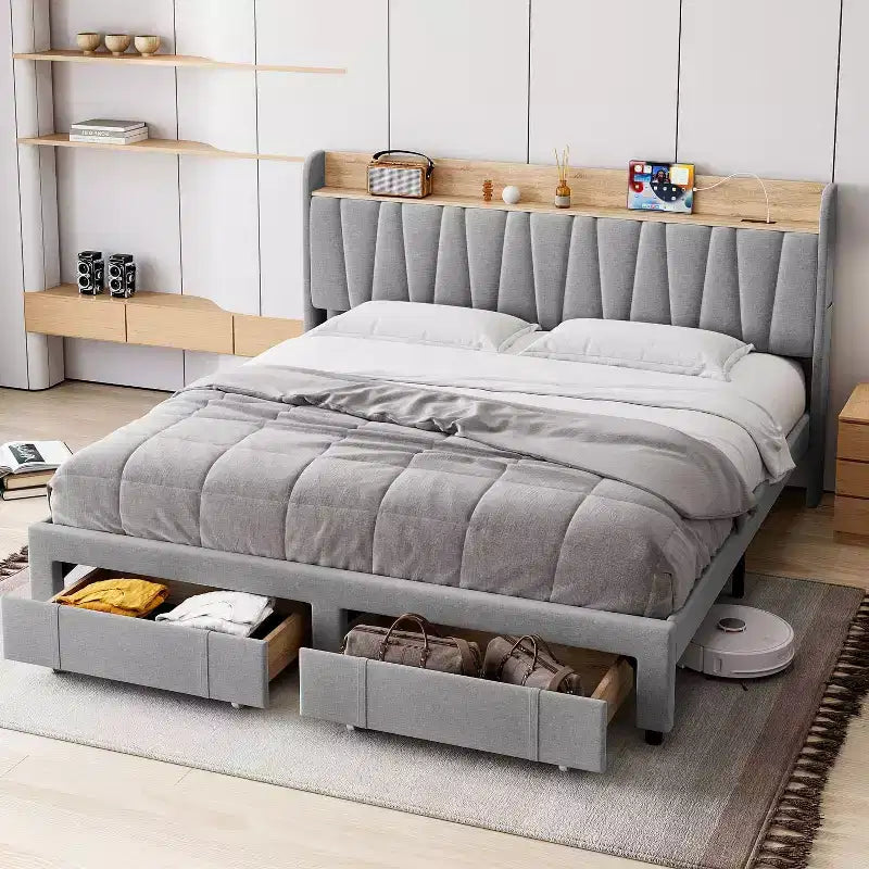 Cadre de lit rembourré King Size, Lit plateforme avec tête de lit de rangement, Tiroirs de rangement, Robuste, Pas besoin de sommier tapissier, Facile à monter, Gris