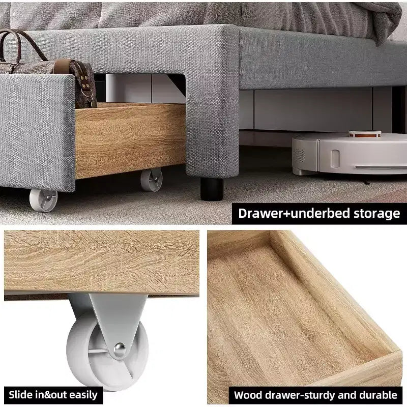 Cadre de lit rembourré King Size, Lit plateforme avec tête de lit de rangement, Tiroirs de rangement, Robuste, Pas besoin de sommier tapissier, Facile à monter, Gris