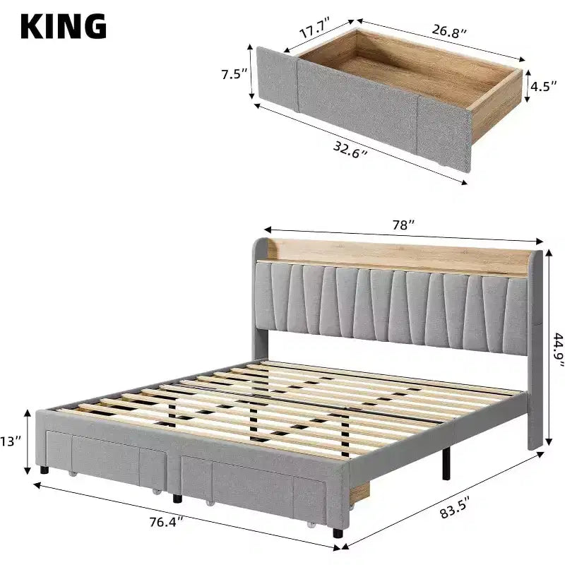 Cadre de lit rembourré King Size, Lit plateforme avec tête de lit de rangement, Tiroirs de rangement, Robuste, Pas besoin de sommier tapissier, Facile à monter, Gris