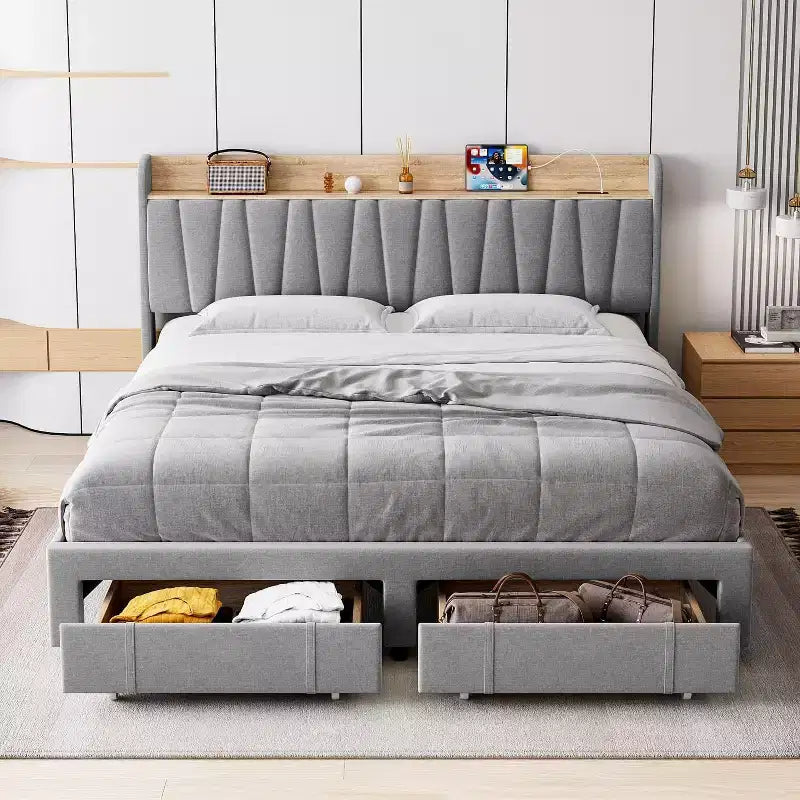 Cadre de lit rembourré King Size, Lit plateforme avec tête de lit de rangement, Tiroirs de rangement, Robuste, Pas besoin de sommier tapissier, Facile à monter, Gris
