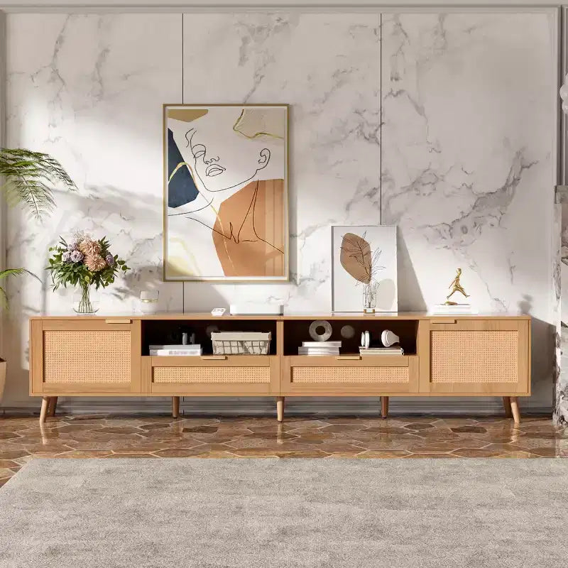 Meuble TV en rotin pour téléviseurs jusqu'à 90 pouces, console multimédia de style Bohème Ferme avec rangements, meuble de divertissement pour salon