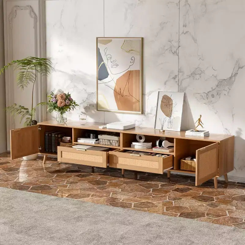 Meuble TV en rotin pour téléviseurs jusqu'à 90 pouces, console multimédia de style Bohème Ferme avec rangements, meuble de divertissement pour salon