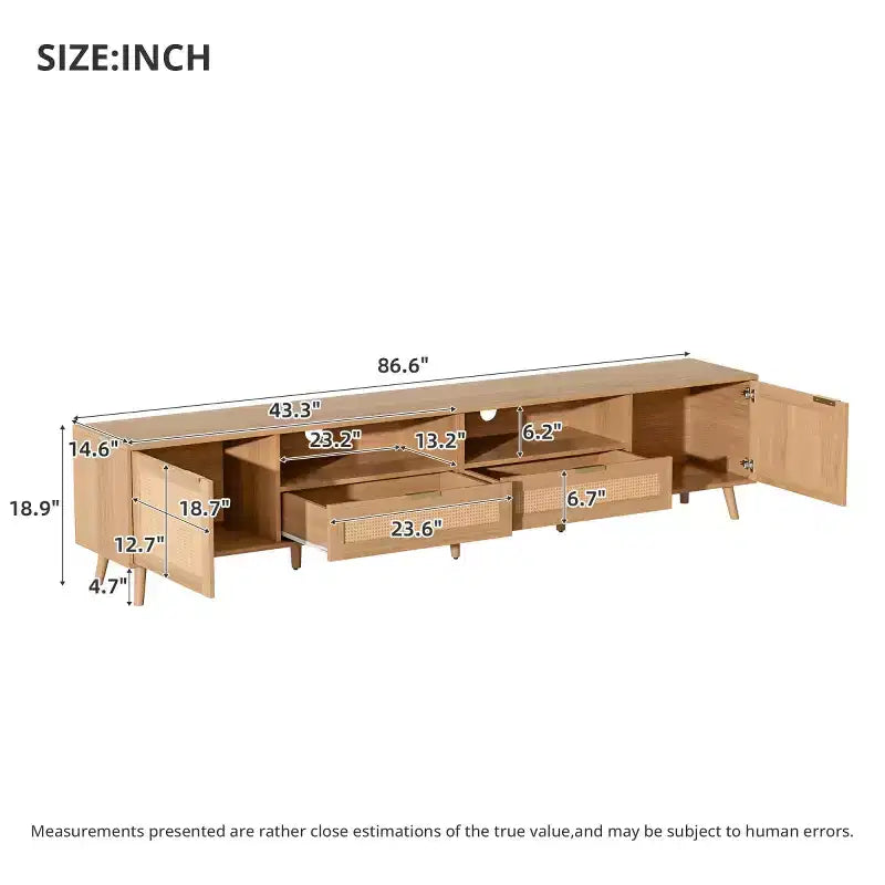 Meuble TV en rotin pour téléviseurs jusqu'à 90 pouces, console multimédia de style Bohème Ferme avec rangements, meuble de divertissement pour salon