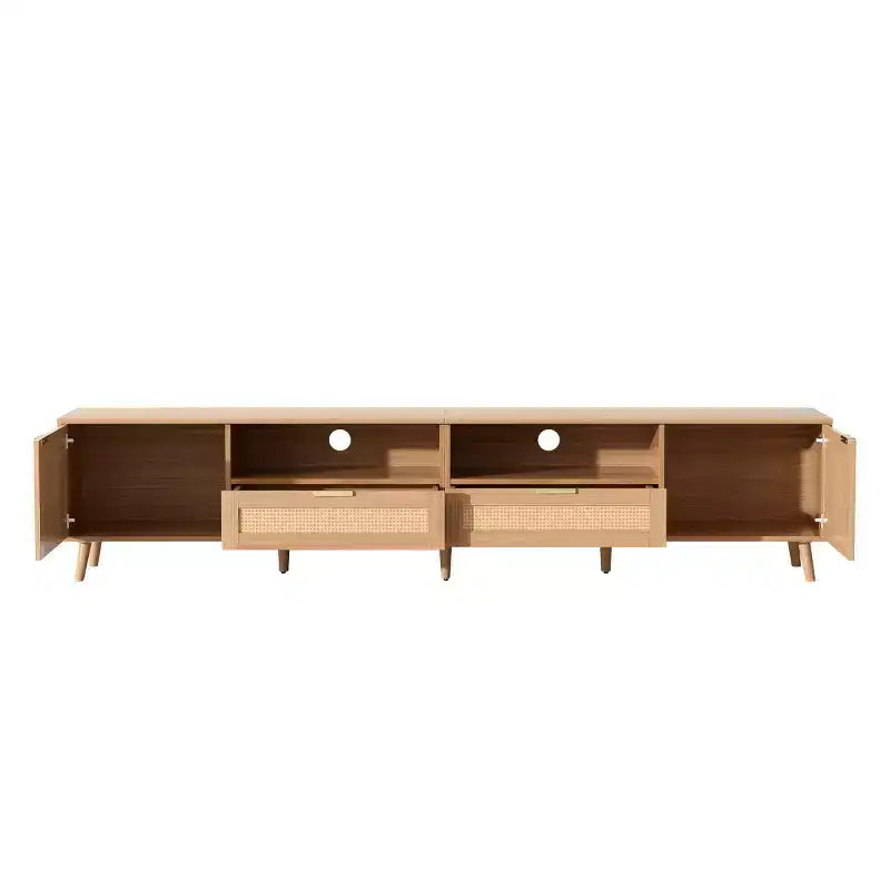 Meuble TV en rotin pour téléviseurs jusqu'à 90 pouces, console multimédia de style Bohème Ferme avec rangements, meuble de divertissement pour salon