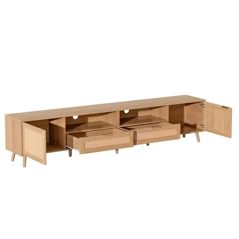 Meuble TV en rotin pour téléviseurs jusqu'à 90 pouces, console multimédia de style Bohème Ferme avec rangements, meuble de divertissement pour salon